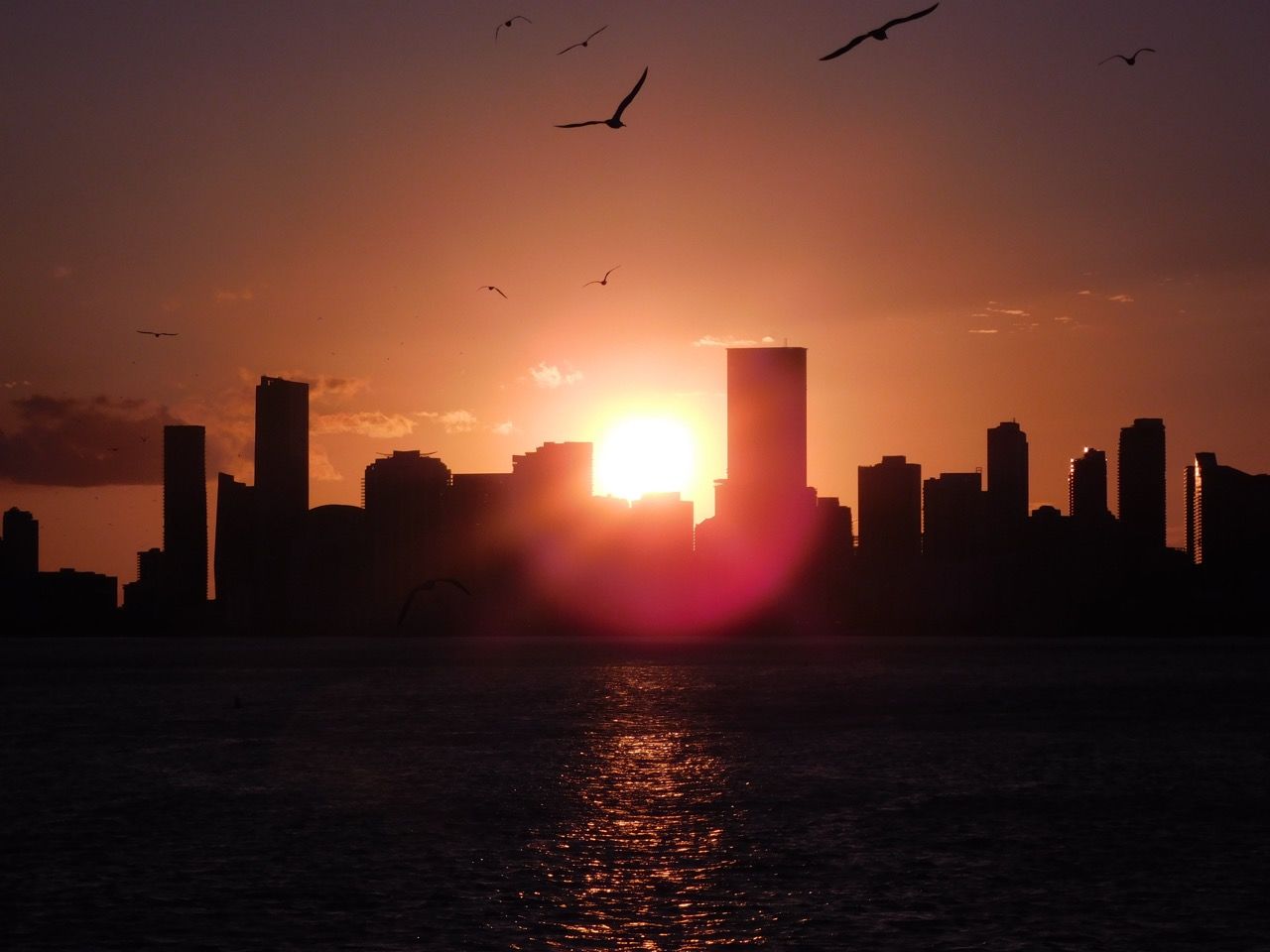 Coucher de soleil sur Miami Downtown et Brickell vus de la mer.