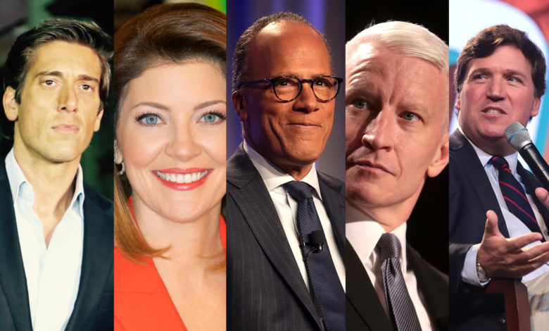 David Muir (ABC), Norah O'Donnell (CBS), Lester Holt (NBC), Anderson Cooper (CNN) et Tucker Carlson (Fox News)
