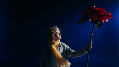 boy with yellow scarf holding big red rose