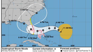 La carte de prévision publiée mardi à 7h du matin. "Nicole" sera un ouragan avant son arrivée en Floride mercredi soir