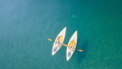 bird s eye view of two people canoeing on body of water