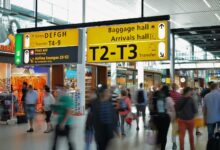 Crowded airport with motion blur and clear signage indicating baggage and arrival halls.