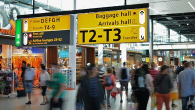 Crowded airport with motion blur and clear signage indicating baggage and arrival halls.