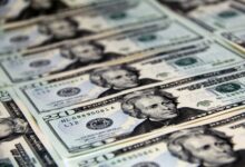 Close-up of crisp US twenty dollar bills arranged in a pattern. Ideal for finance-related visuals.