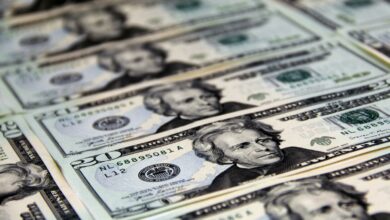 Close-up of crisp US twenty dollar bills arranged in a pattern. Ideal for finance-related visuals.
