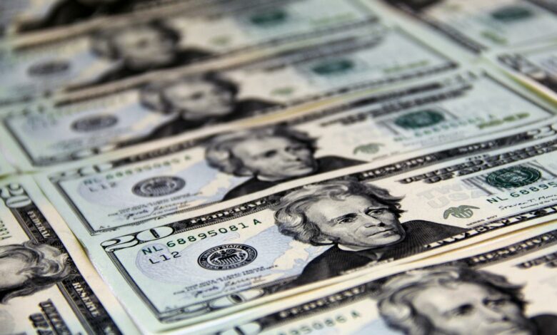 Close-up of crisp US twenty dollar bills arranged in a pattern. Ideal for finance-related visuals.