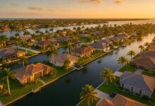 Vue aérienne d’un quartier résidentiel typique en Floride avec maisons, piscines et palmiers, illustrant un investissement immobilier rentable