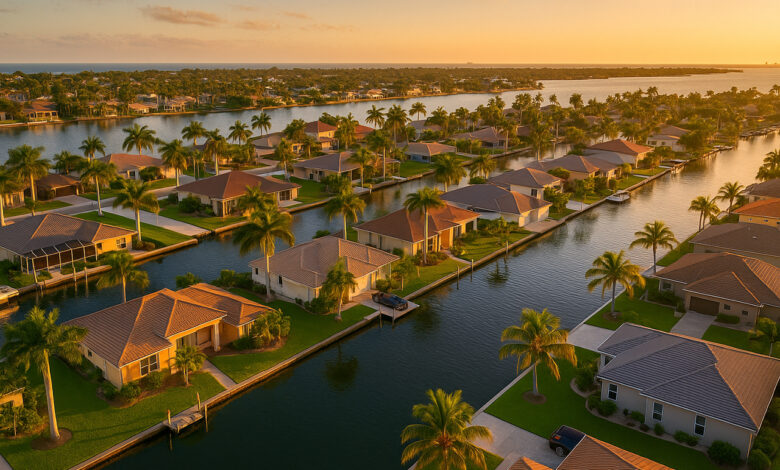 Vue aérienne d’un quartier résidentiel typique en Floride avec maisons, piscines et palmiers, illustrant un investissement immobilier rentable