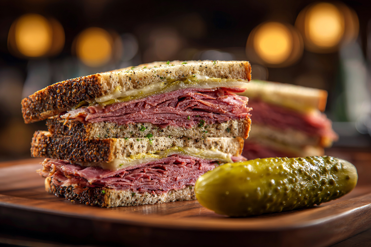 Sandwich au pastrami avec un pickle, typique de New-York