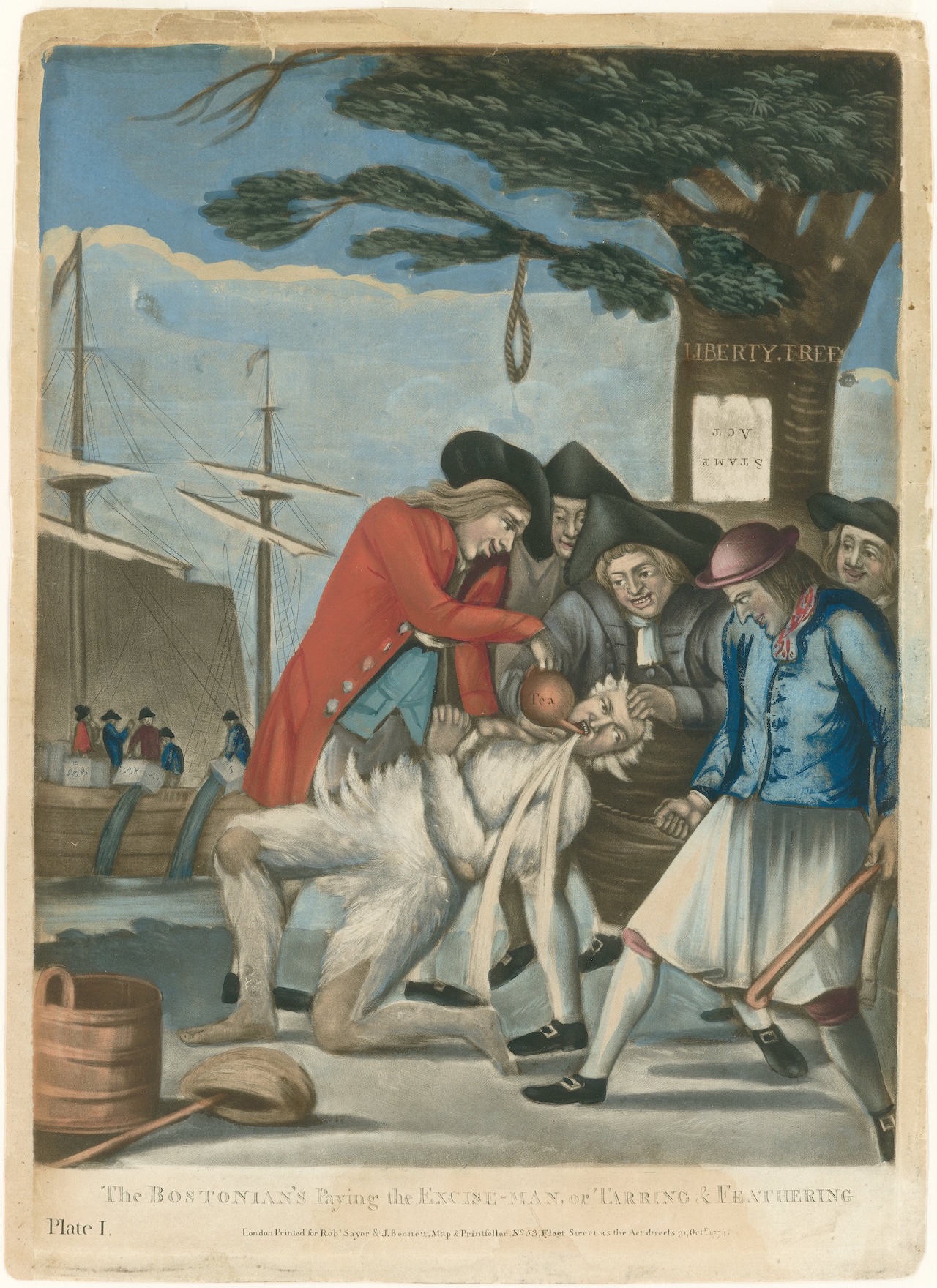Boston, 1774 : un agent des douanes britannique enduit de goudron et de plumes, contraint d'avaler du thé — allusion directe à la Boston Tea Party. Gravure satirique attribuée à Philip Dawe, publiée à Londres par Sayer & Bennett, octobre 1774 — destinée au public britannique pour illustrer comment ces colons d'Amérique "se tiennent mal". Domaine public