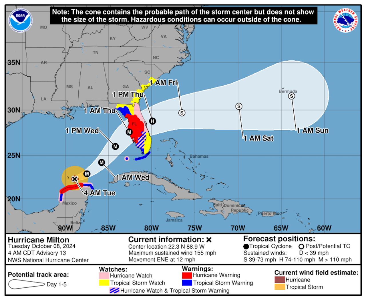 Voici un exemple de 2026 de ce qu'aurait été la prévision de l'ouragan Milton en 2024, montrant les alertes pour l'intérieur des terres.