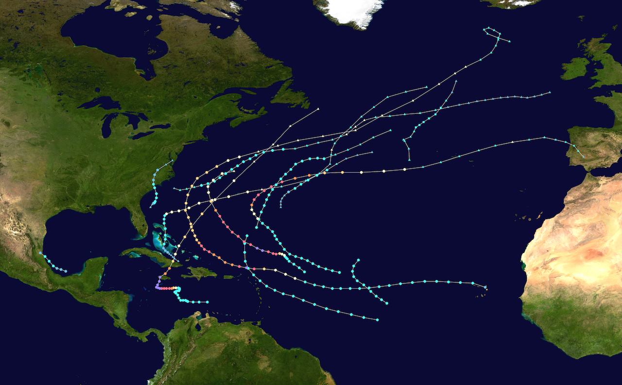Les tracés des tempêtes tropicales et ouragans de l'année 2025